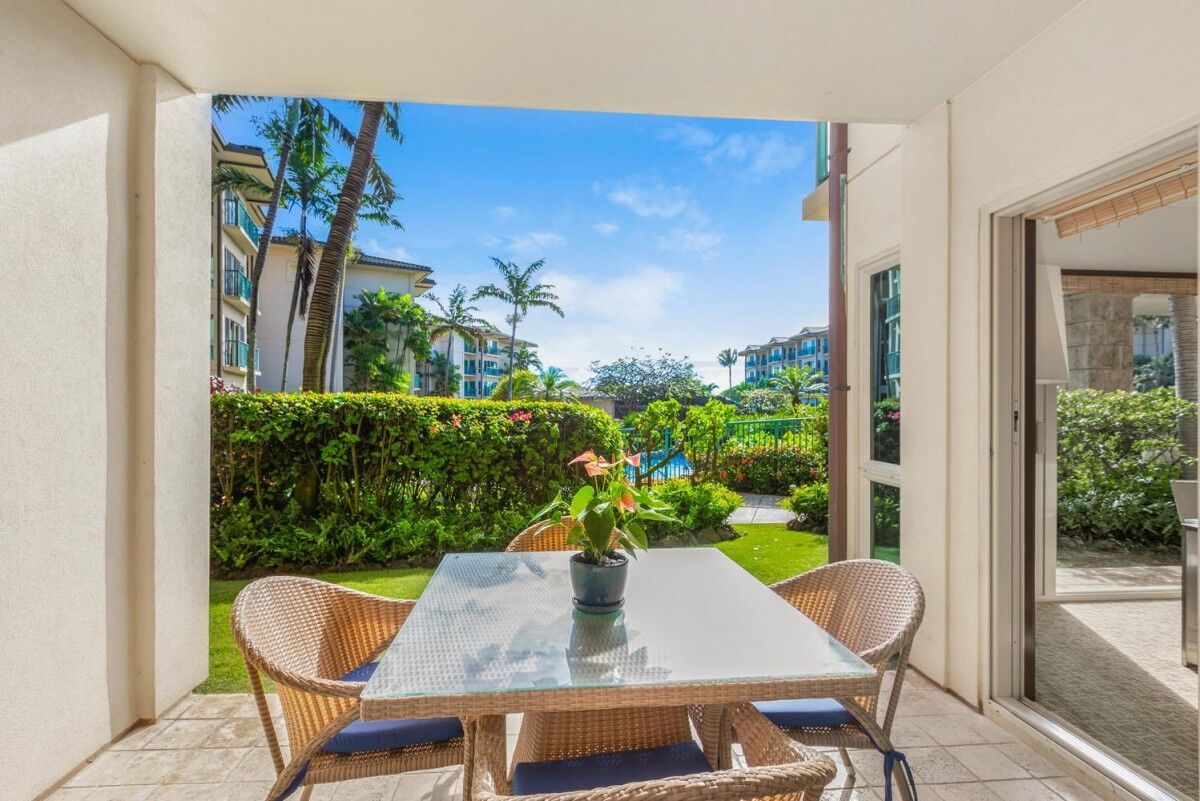 patio view of Waipouli Beach Resort D-104, a vacation rental in Kauai HI.  