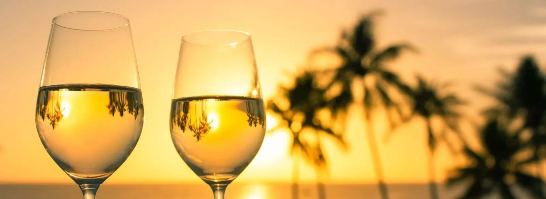 Wine glasses with sunset backdrop